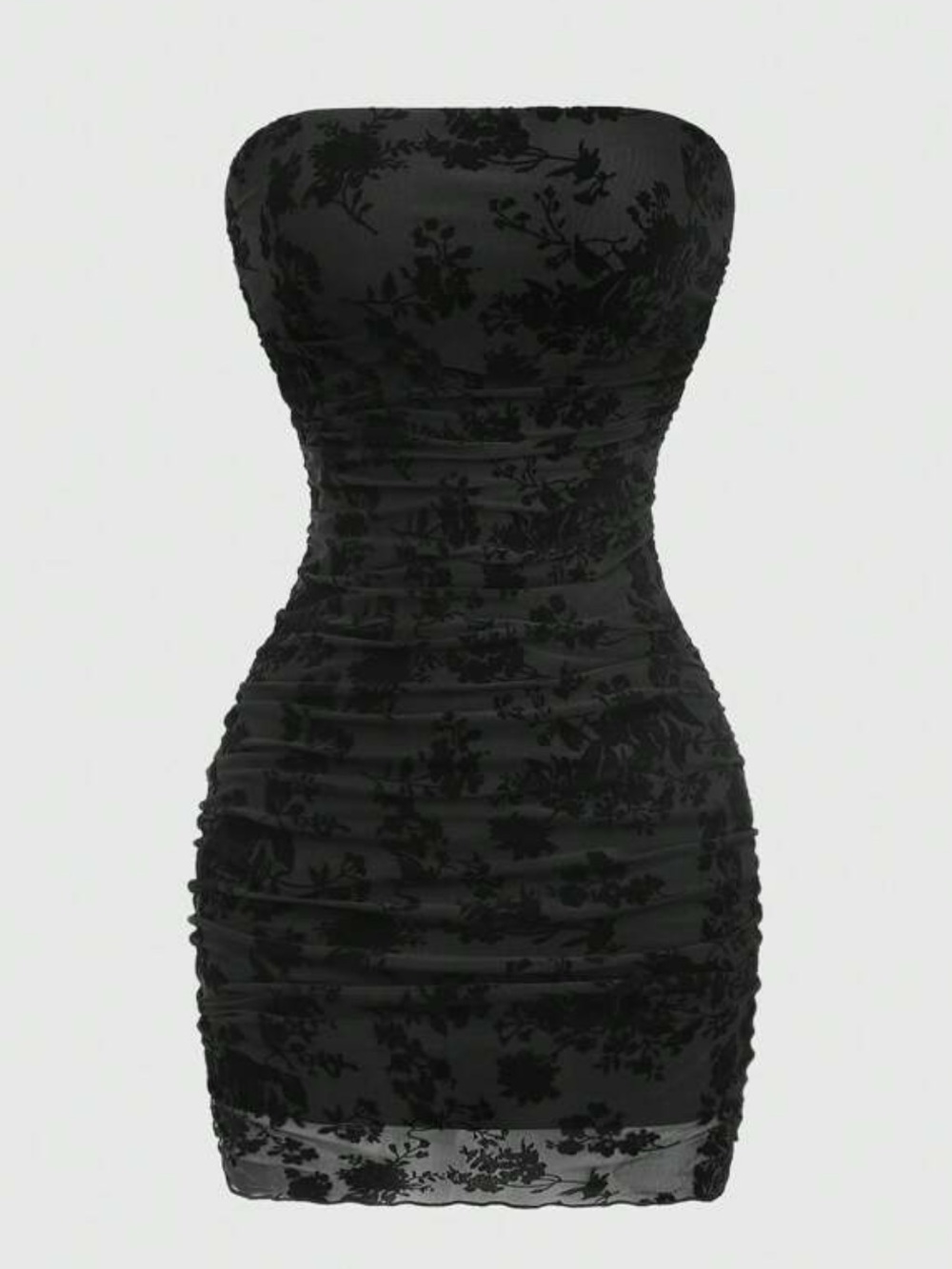 Black Floral Flocked Mesh Tube Ruched Bodycon Mini Dress